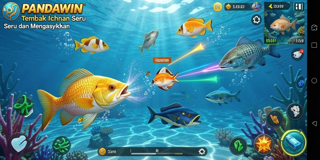 Tampilan gameplay <strong>PANDAWIN</strong> yang seru saat menembak ikan.