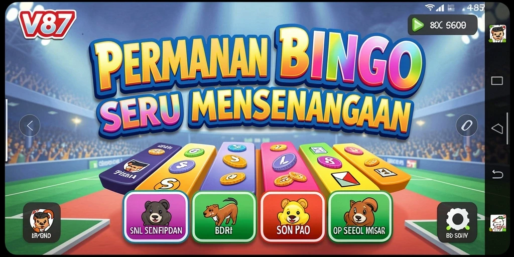 Tampilan permainan Bingo yang seru di V87 dengan kartu berwarna-warni.